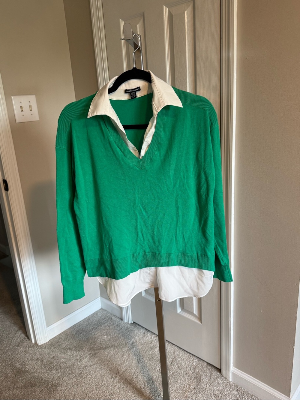 Hilary Radley Green V-Neck Layered Knit Top with White Shirt Detail